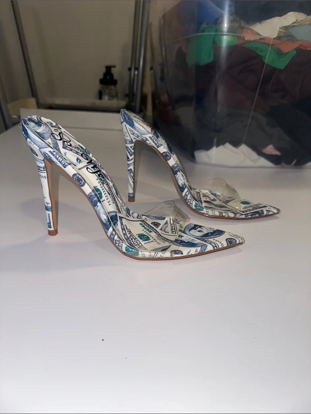 So Me Money Print Pointed Toe High Heel Slide - White/Green